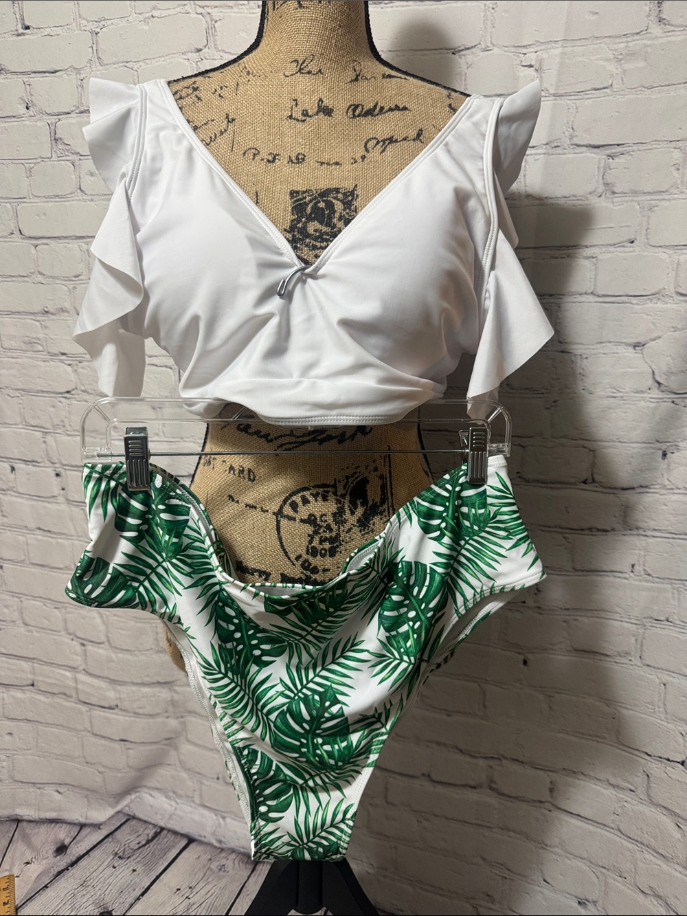 NWOT Boutique Ruffle Sleeve Bikini Top & Green Palm Print High-Waist Bottoms
